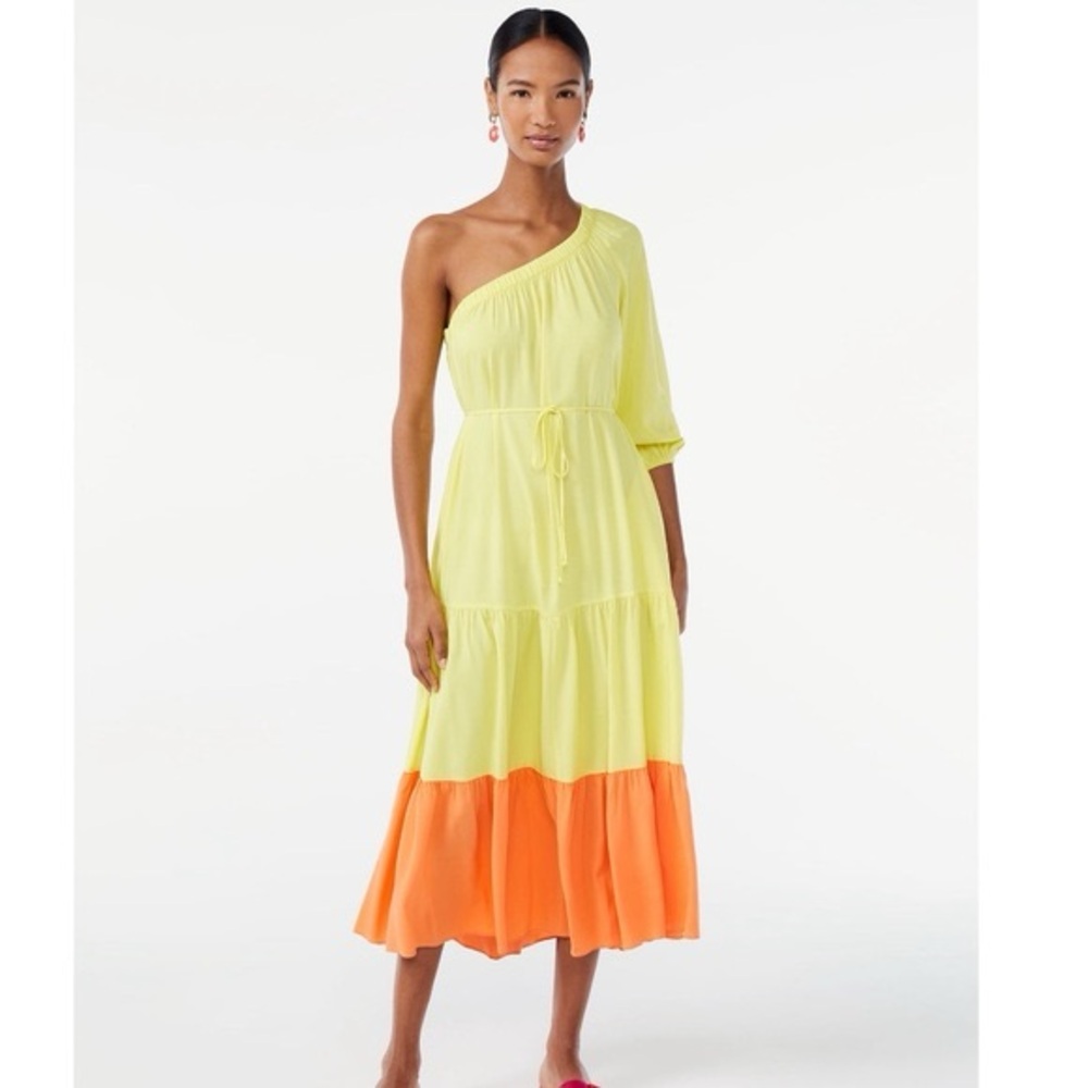 Scoop NYC Mason one shoulder color block midi dress orange yellow size medium